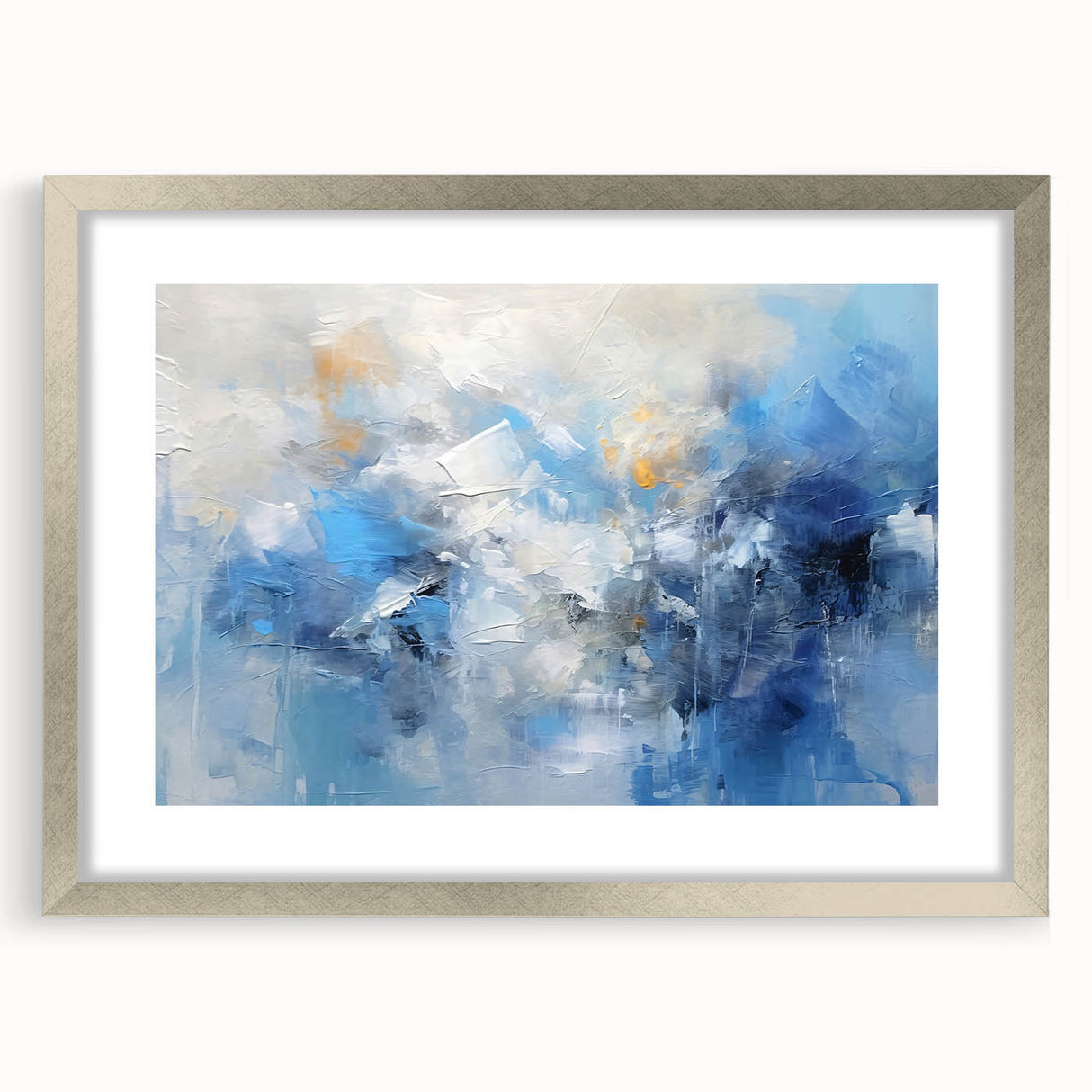 Abstract wall art featuring colorful strokes in a silver frame with a mat, perfect for modern home decor. Ideal for adding a vibrant touch to living spaces.