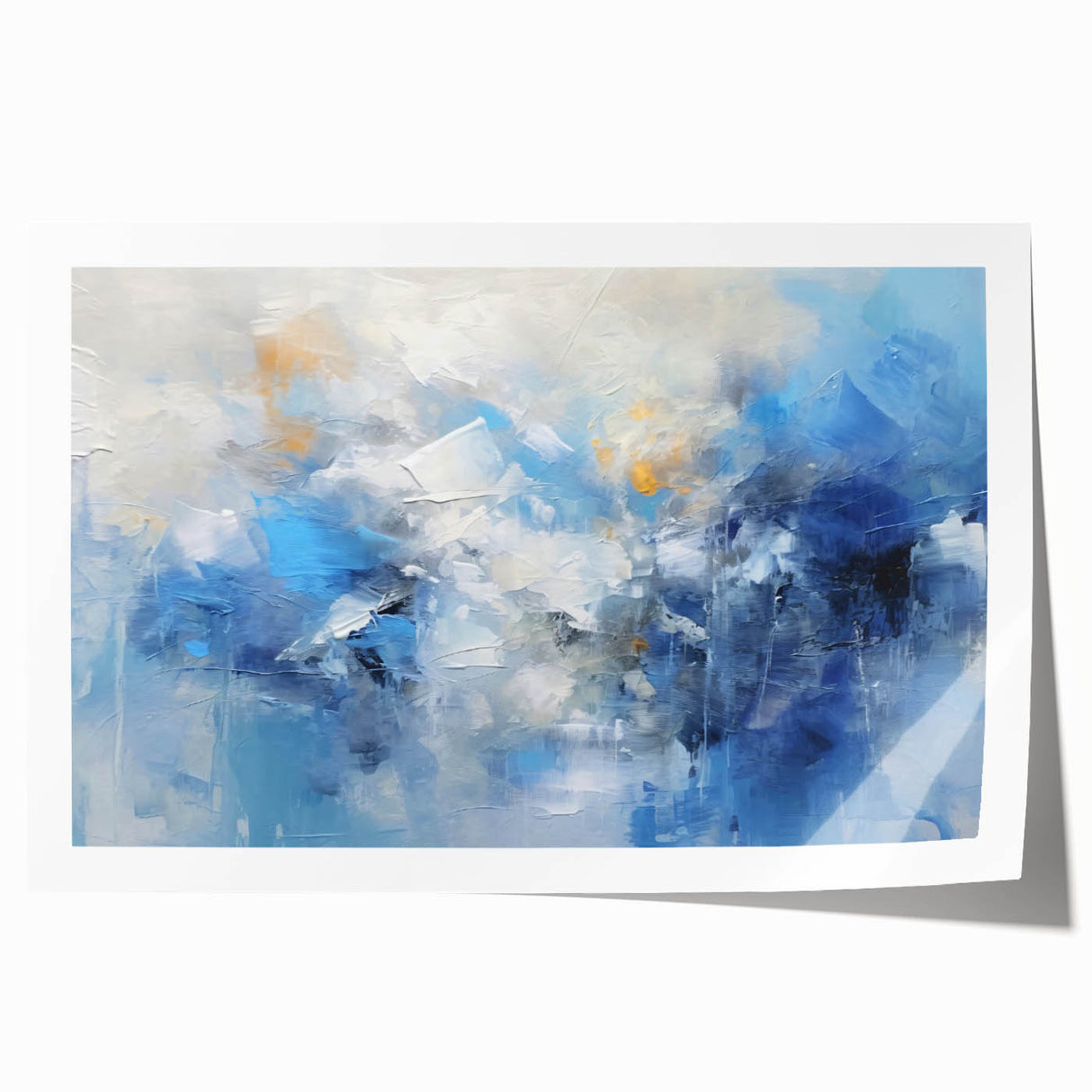 Abstract strokes wall art print showcasing vibrant colors and dynamic shapes, perfect for modern home decor. The design features a blend of blue, orange, and yellow hues, creating an energetic and contemporary aesthetic. Ideal for living rooms or creative spaces.