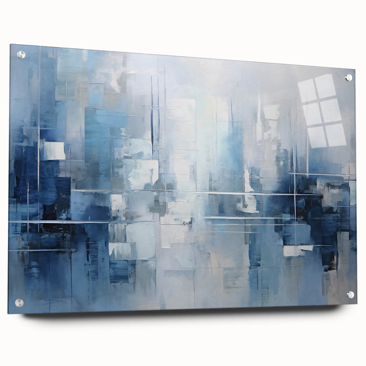 Abstract wall art featuring vibrant, multicolored strokes on acrylic glass, showcased from a side view with stylish pins for easy hanging, perfect for modern decor.