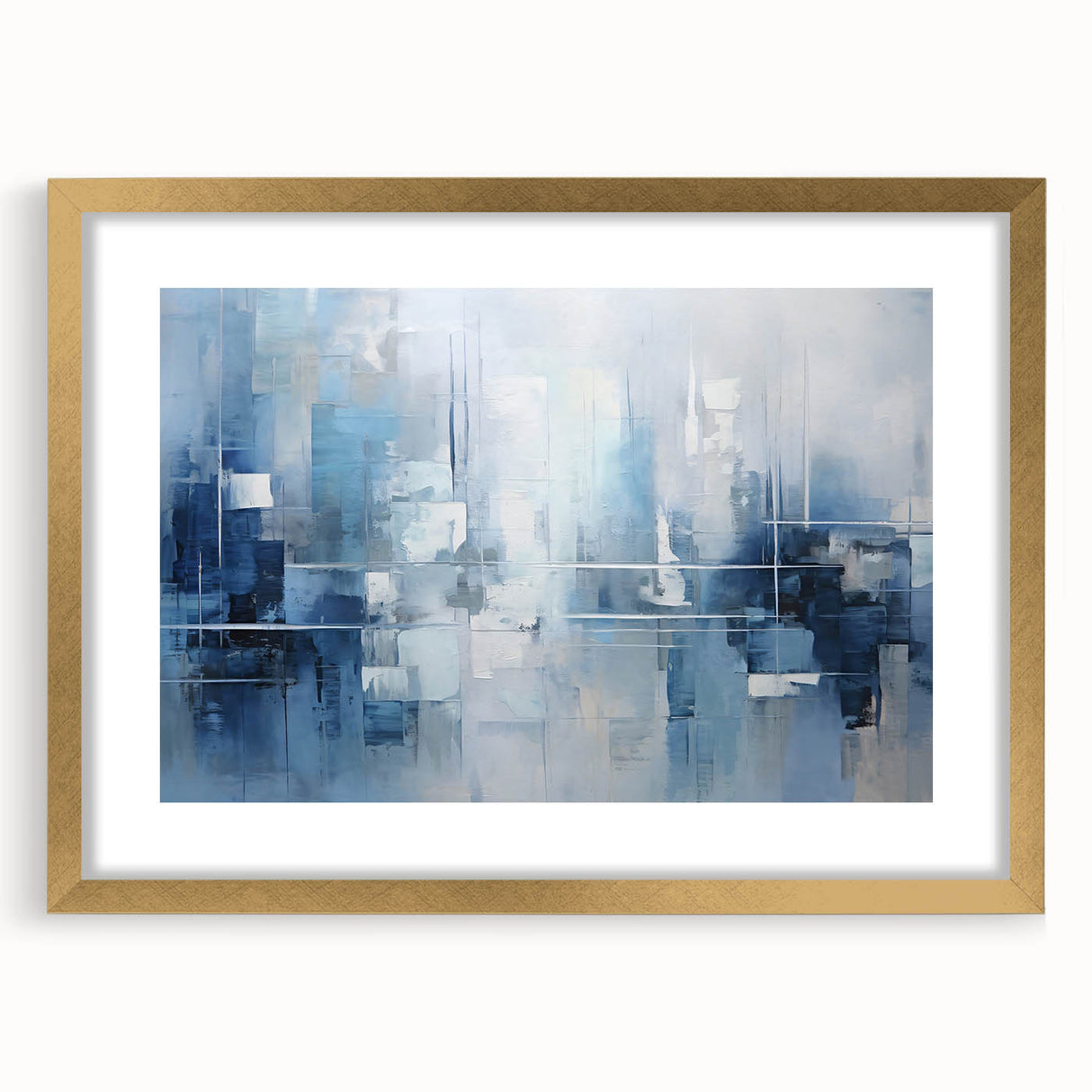Abstract strokes wall art framed with a gold mat, showcasing vibrant colors and dynamic patterns, ideal for modern home decor and artistic interiors.