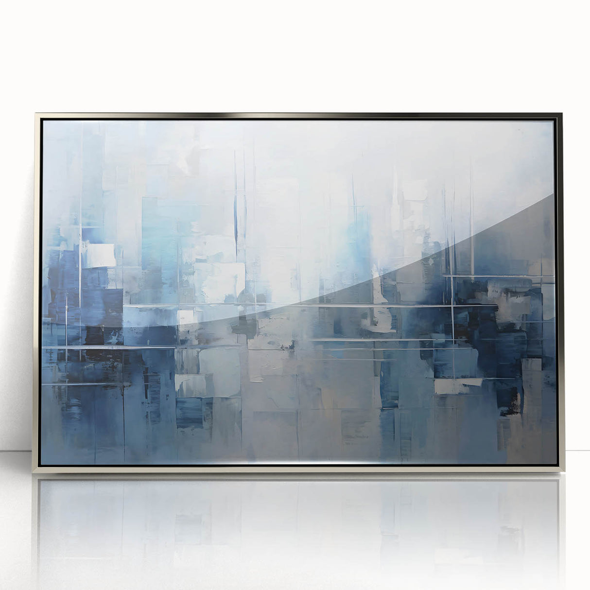 Framed abstract wall art featuring fluid silver and gray strokes on a white background, adding a modern touch to home decor. Ideal for living rooms or offices.