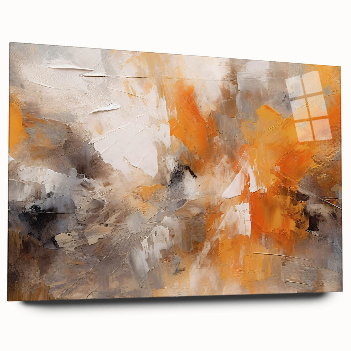 Abstract wall art featuring colorful acrylic strokes in vibrant hues of blue, orange, and green, displayed in a sleek glass frame, perfect for modern decor.