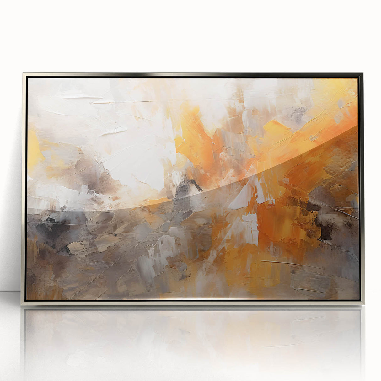 Framed acrylic wall art featuring abstract strokes in silver tones, showcasing modern design elements. Perfect for contemporary home decor.