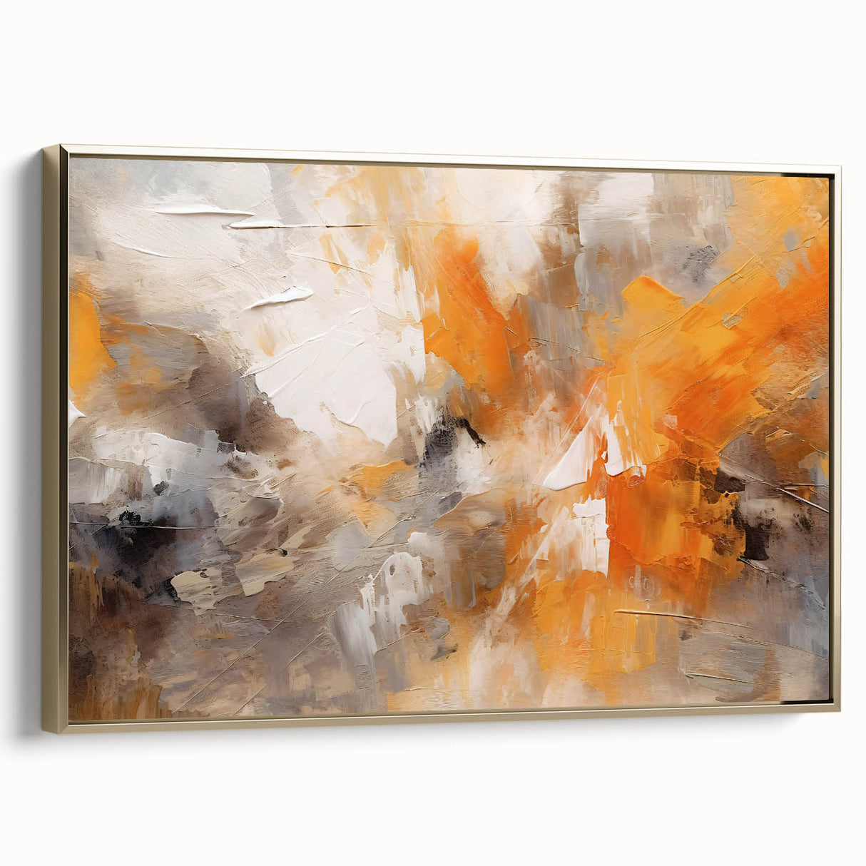Framed abstract wall art featuring gold and black strokes, ideal for adding elegance to modern decor. Side view highlights the canvas texture and frame details.