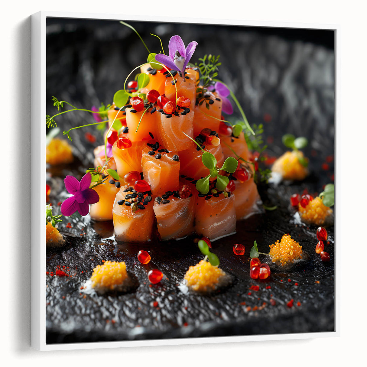 Vintage poster art of colorful dishes on a black background, framed canvas, ideal for extra large living room wall decor.