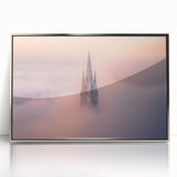 Framed acrylic artwork showcasing an intricate landscape featuring a majestic castle, elegantly displayed with a silver border, perfect for home decor.