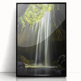 Framed acrylic artwork showcasing a vibrant landscape scene with caves, presented in a sleek black frame, ideal for modern home decor and art enthusiasts.