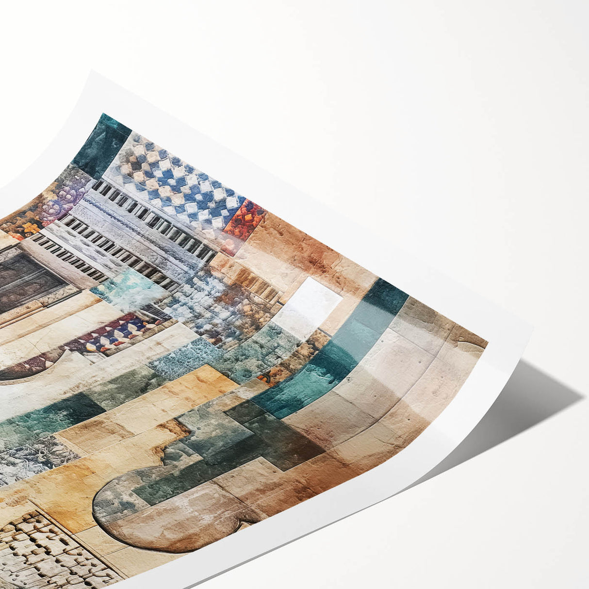 Abstract architectural wall art print showcasing geometric shapes and vibrant colors, rolled and ready for display, emphasizing contemporary design aesthetics.