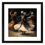 Abstract figurative wall art framed in black with a mat, showcasing vibrant colors and dynamic shapes, ideal for modern home decor and artistic expression.
