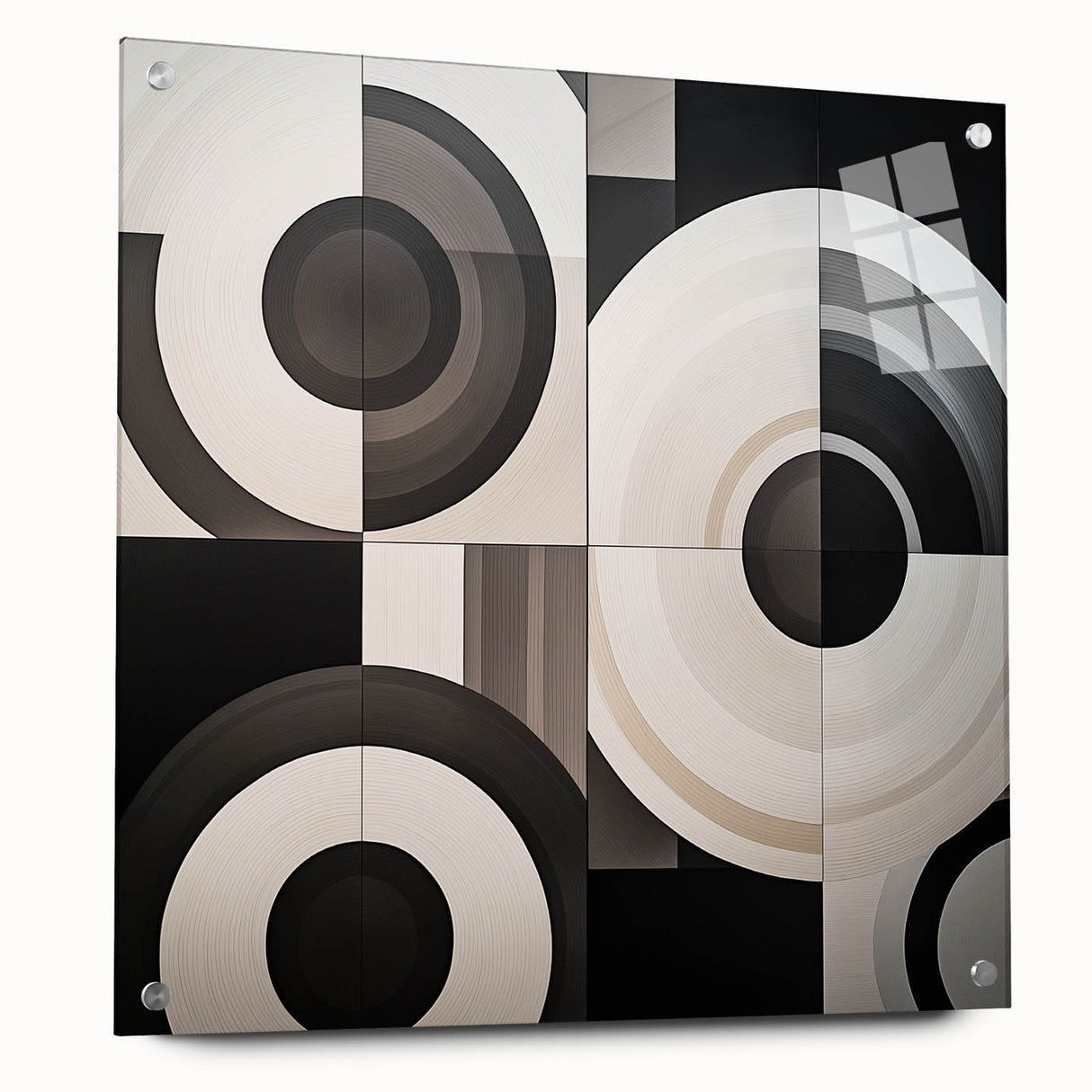 Abstract geometric acrylic glass design showcasing vibrant colors and sharp angles, featuring a side view with visible mounting pins, ideal for modern decor.