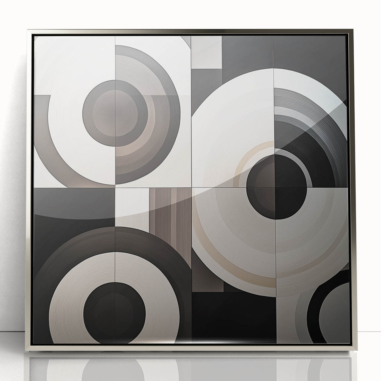 Framed abstract geometric art piece in silver acrylic, showcasing sharp angles and vibrant colors, ideal for modern home decor and contemporary art enthusiasts.