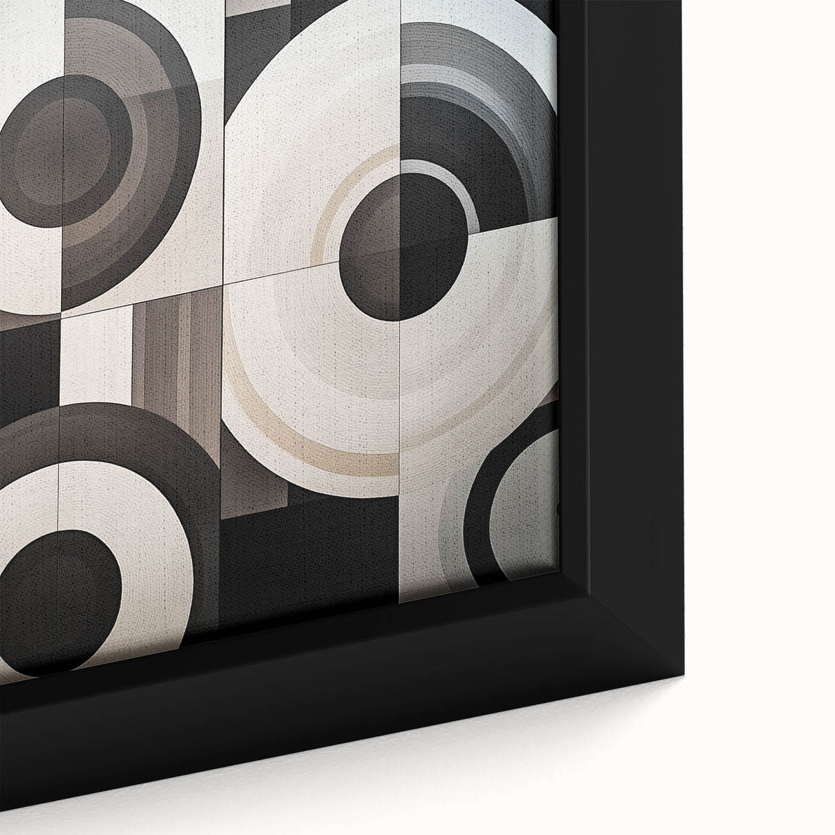 Close-up of a vibrant abstract geometric framed canvas showcasing bold colors and intricate patterns, ideal for modern home decor and artistic expression.