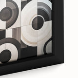 Close-up of a vibrant abstract geometric framed canvas showcasing bold colors and intricate patterns, ideal for modern home decor and artistic expression.