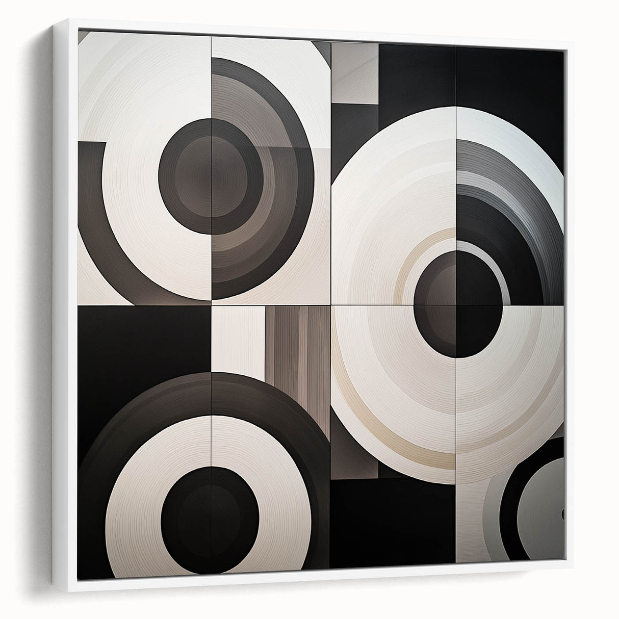 Abstract geometric framed canvas artwork showcasing a white and gray design, viewed from the side, perfect for modern home decor or office spaces.