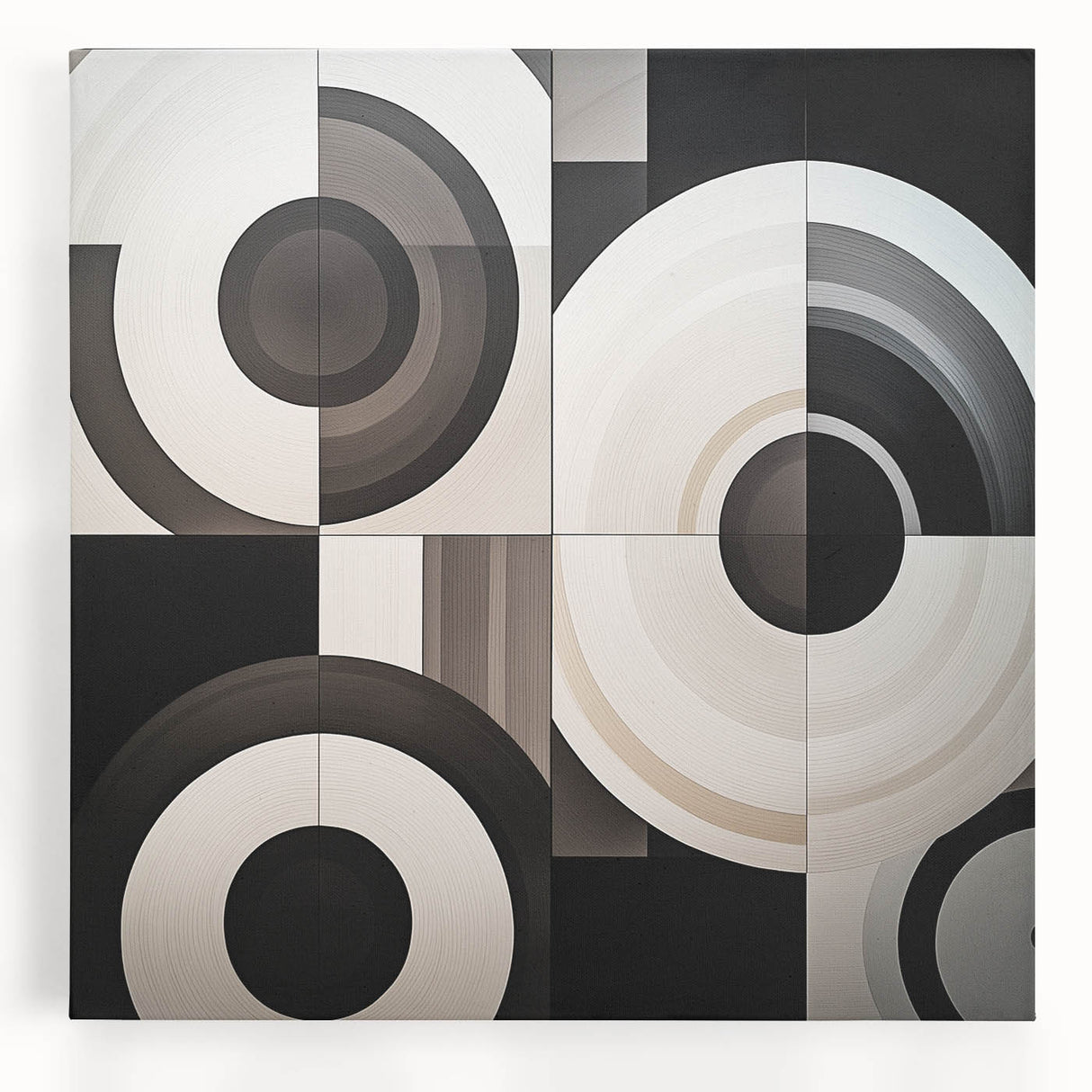 Abstract geometric stretched canvas art featuring vibrant colors and dynamic shapes, perfect for modern decor. Ideal for enhancing living spaces with contemporary style.