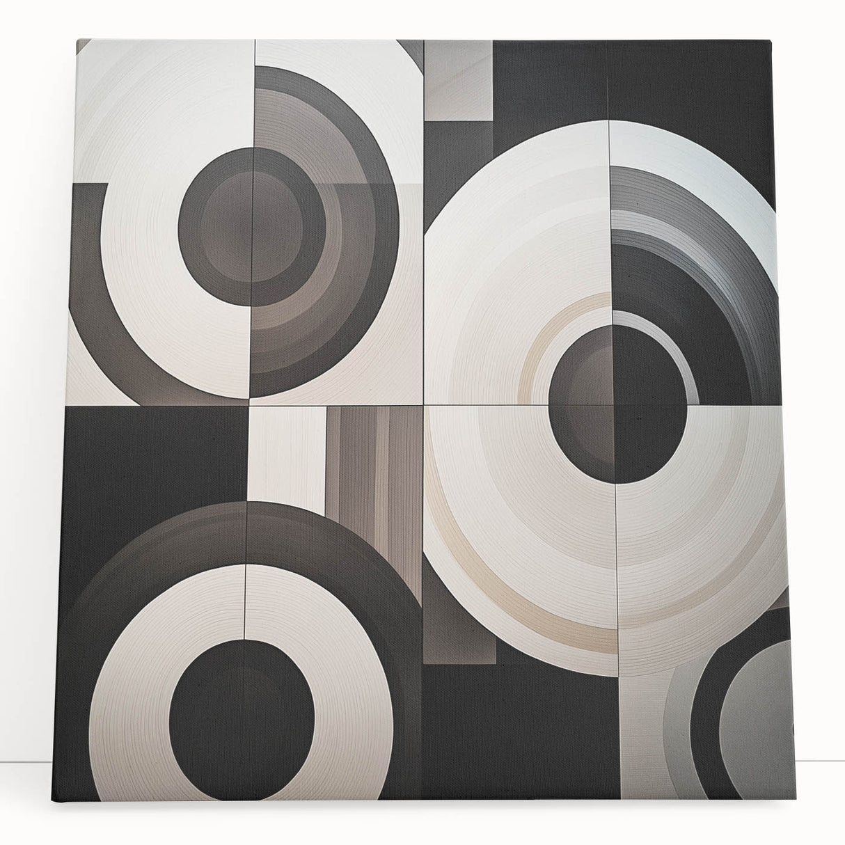 Abstract geometric stretched canvas artwork in soft pastel colors, leaning against a neutral wall, showcasing modern design elements ideal for contemporary home decor.