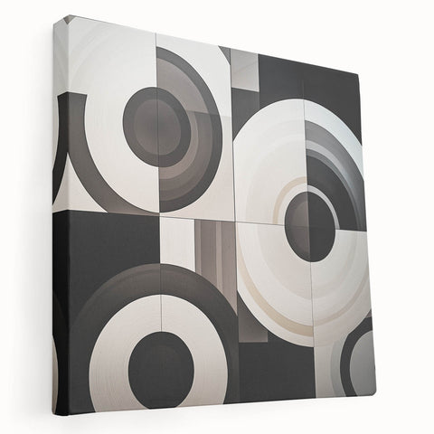 Abstract geometric stretched canvas artwork displaying vibrant colors and dynamic shapes, ideal for modern home decor and artistic interiors. This captivating piece enhances visual interest in any space.