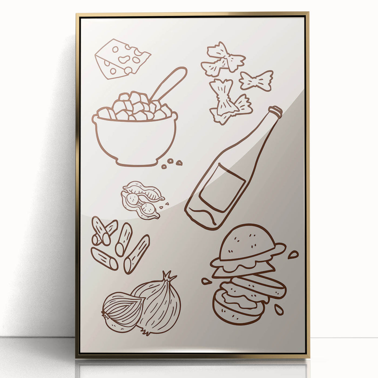 Large art print of a mid-century modernist food and drinks theme in gold tones on framed acrylic.