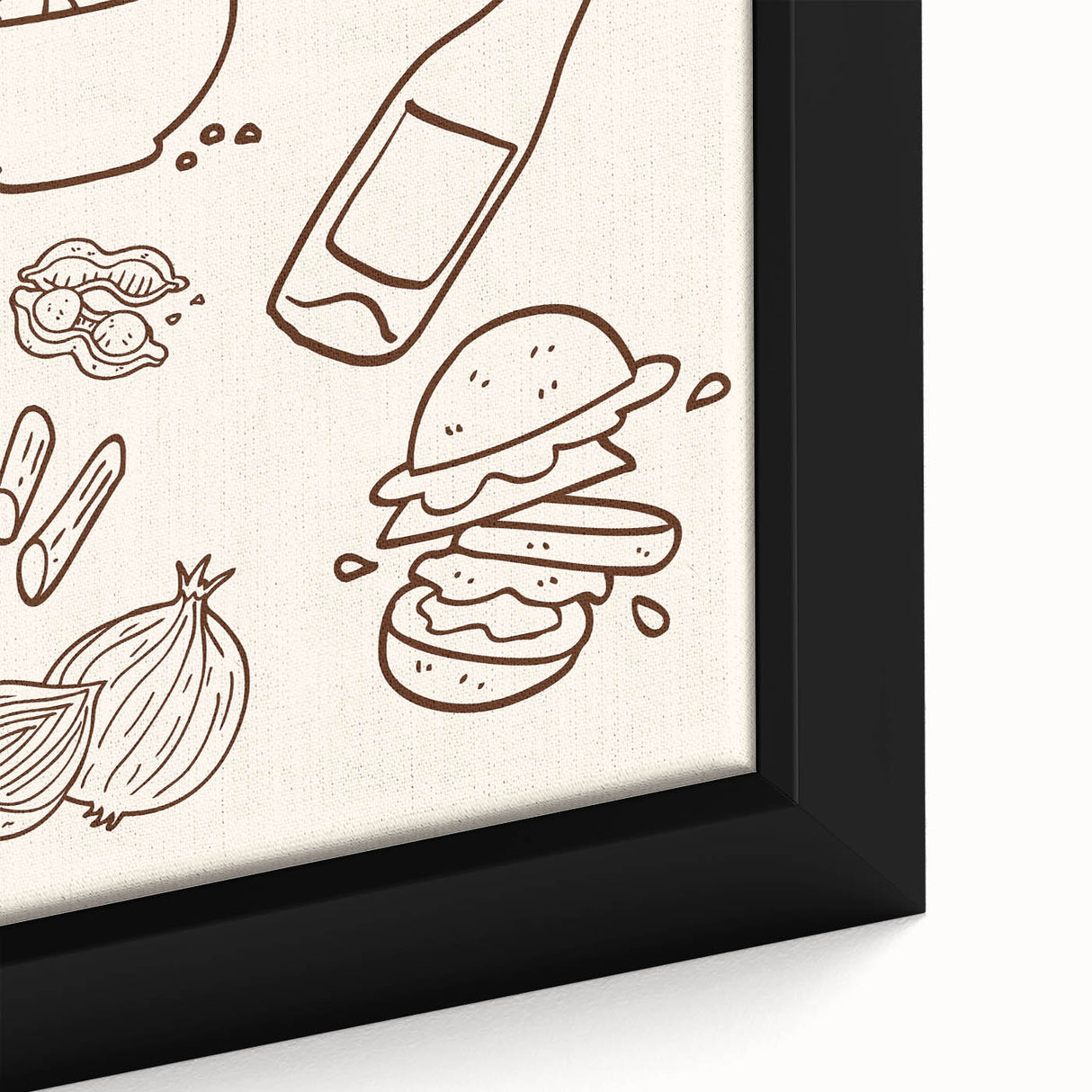Extra large black wall art featuring colorful, textured food and drink motifs on a framed canvas.