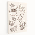 Large stretched canvas featuring a colorful depiction of various fruits and beverages, ideal for kitchen wall art.