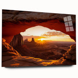Acrylic landscape artwork depicting a vibrant desert scene, showcased in a sleek glass frame, emphasizing warm colors and intricate details for modern decor.
