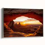 Framed canvas artwork depicting a serene desert landscape with vibrant colors, showcased from a silver side view, ideal for home or office decor.