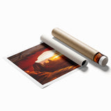 Desert landscape rolled canvas print showcasing vibrant hues of orange and yellow, capturing a serene sunset over sand dunes, ideal for home decor.