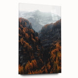 Large abstract wall art on acrylic glass depicting swirling autumn colors, ideal for bedroom or dining room decor.