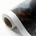 Art deco poster of an autumnal scene on rolled canvas, featuring warm orange and brown tones, ideal for nursery wall art.
