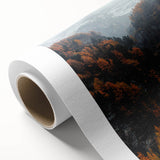 Art deco poster of an autumnal scene on rolled canvas, featuring warm orange and brown tones, ideal for nursery wall art.