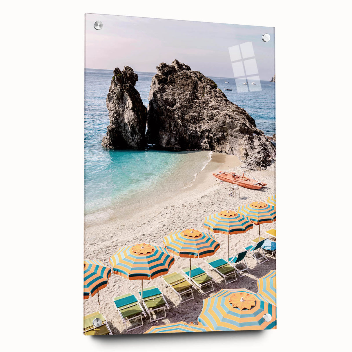 Large abstract wall art on acrylic glass depicting vibrant summer hues, ideal for dining room or bedroom decor.