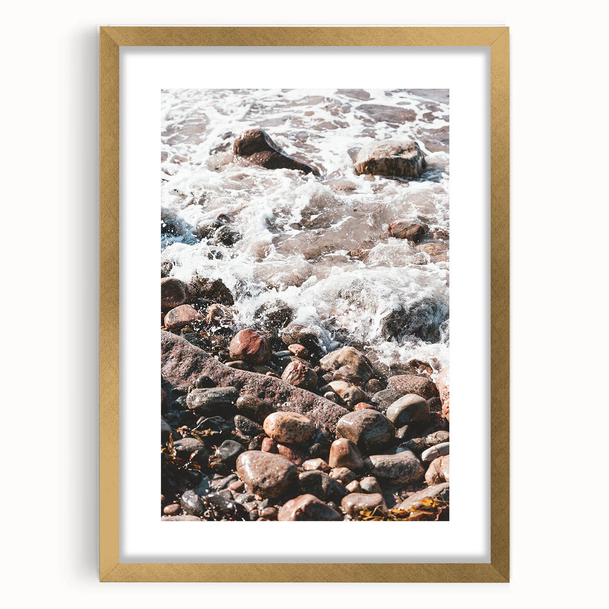 Extra large abstract art print with textured design in gold and white, framed, ideal for living room decor.