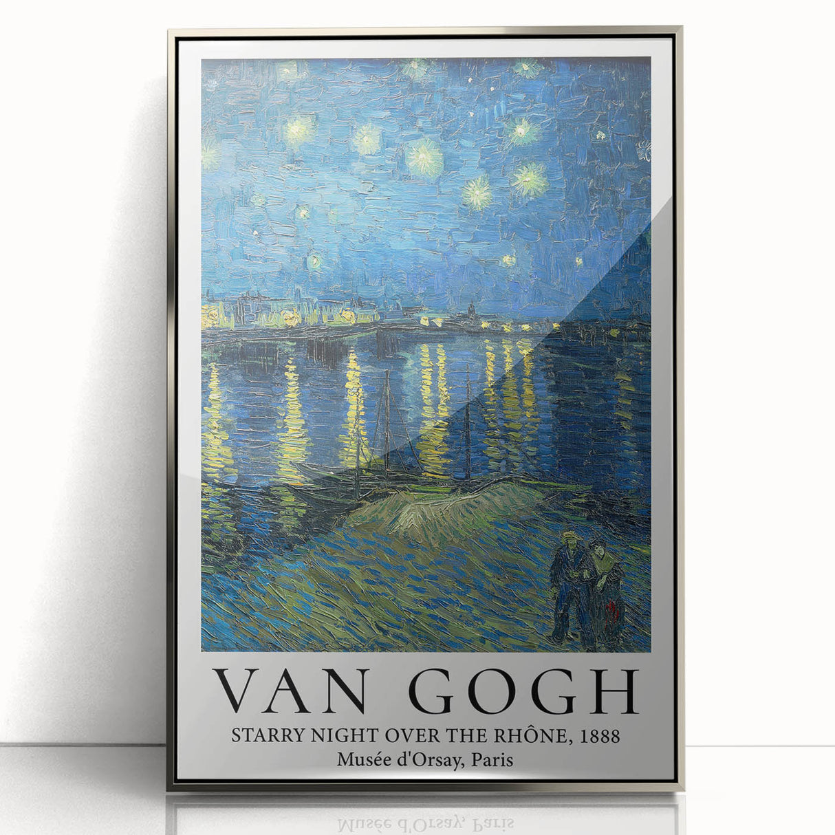 Large art print of a Van Gogh-inspired scene on silver-framed acrylic, featuring bold blue and yellow tones.