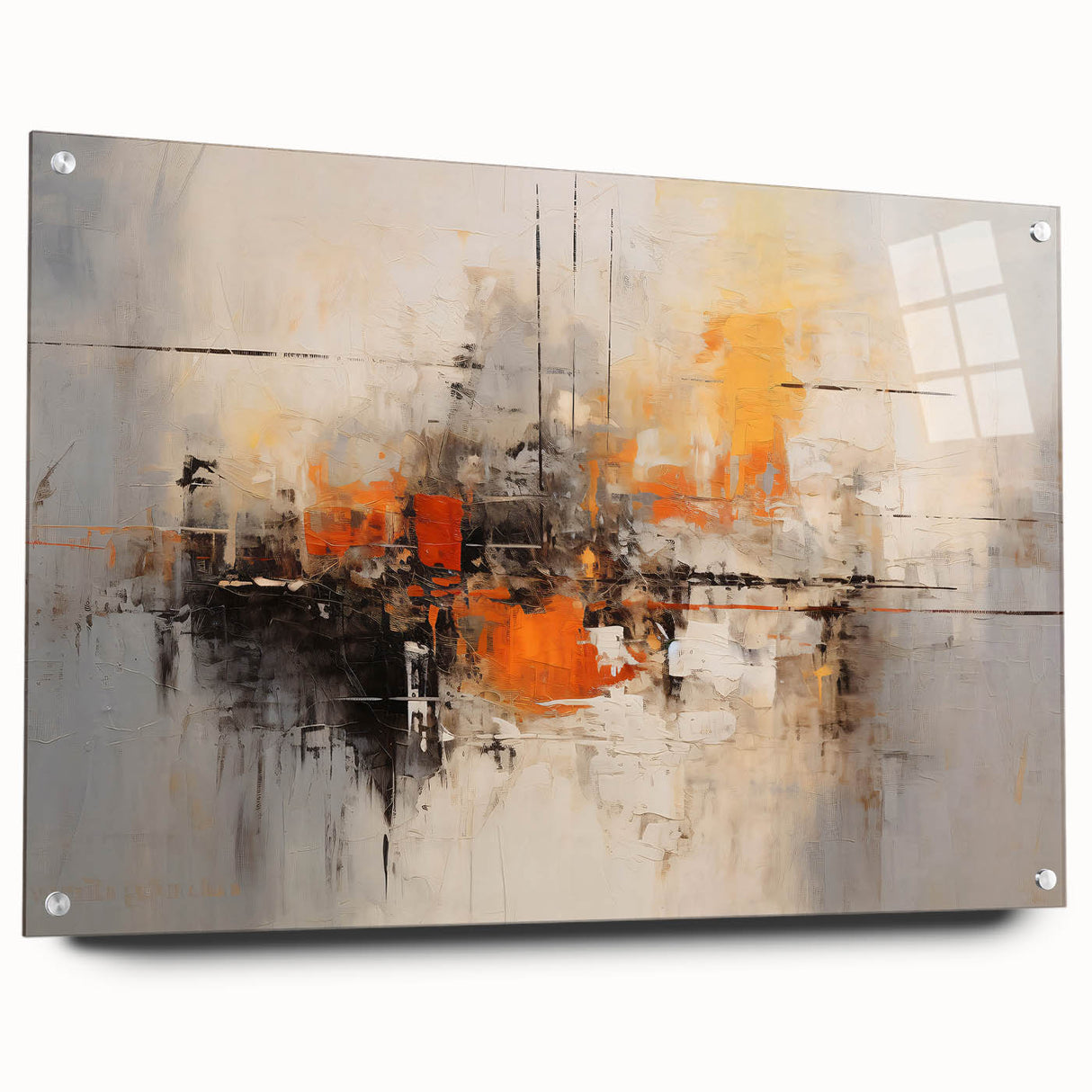Abstract wall art featuring vibrant strokes on acrylic glass, showcasing a modern design perfect for contemporary home decor. Side view highlights pin mounting for easy display.