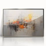 Framed abstract wall art featuring colorful strokes in vibrant hues of blue, pink, and gold on a sleek silver background, perfect for modern home decor.