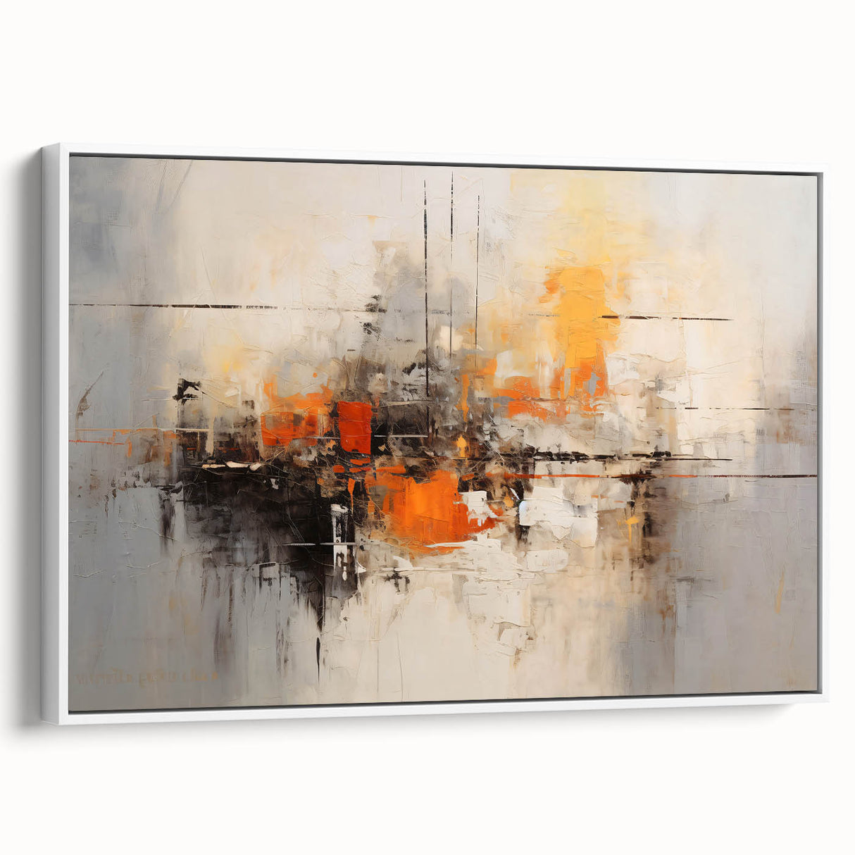 Framed canvas wall art showcasing abstract strokes in white and gray tones, adding a modern touch to any decor. Ideal for minimalist interiors or art lovers.