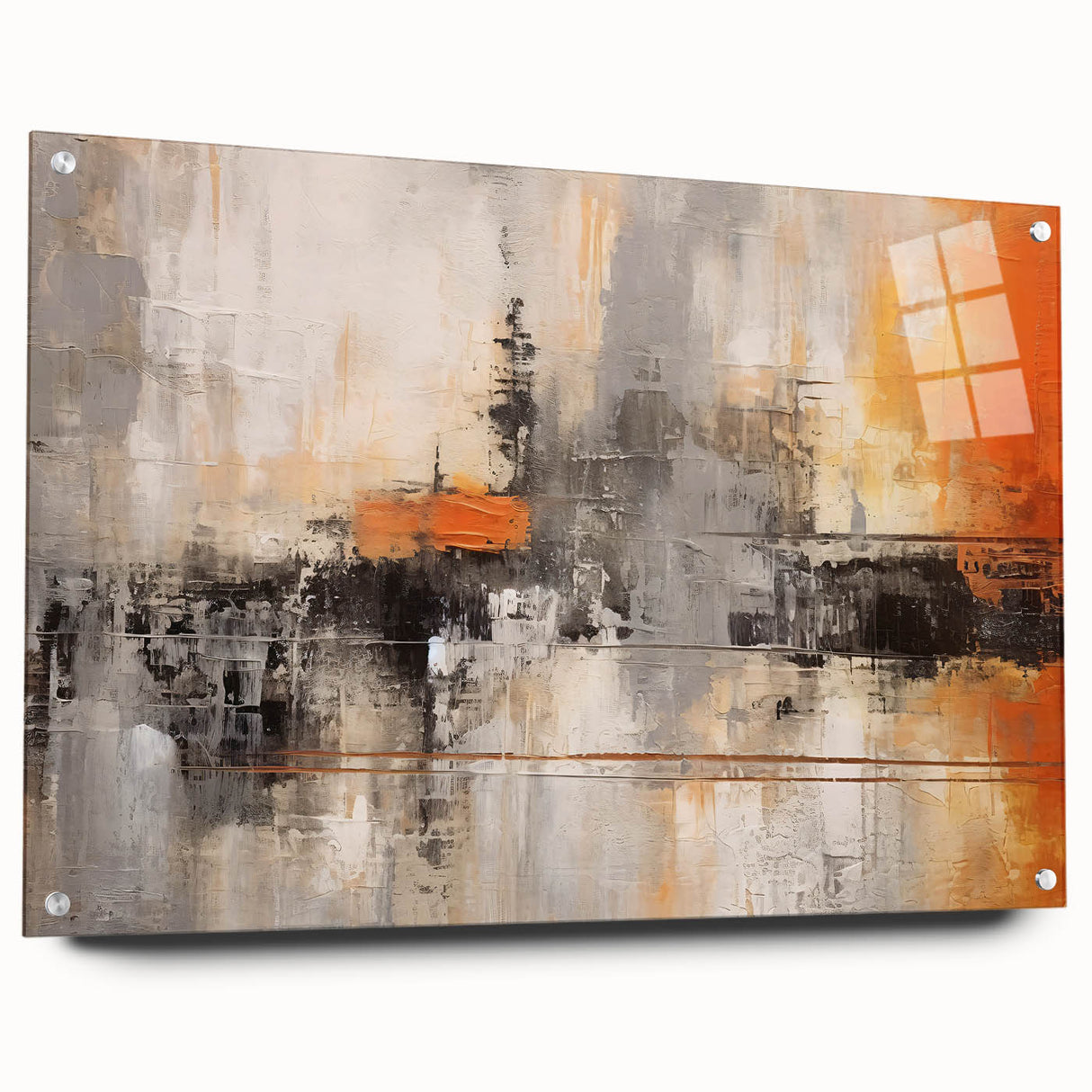 Abstract wall art design showcasing vibrant strokes in shades of blue, orange, and yellow, displayed in a sleek acrylic frame with visible mounting pins. Ideal for modern decor.