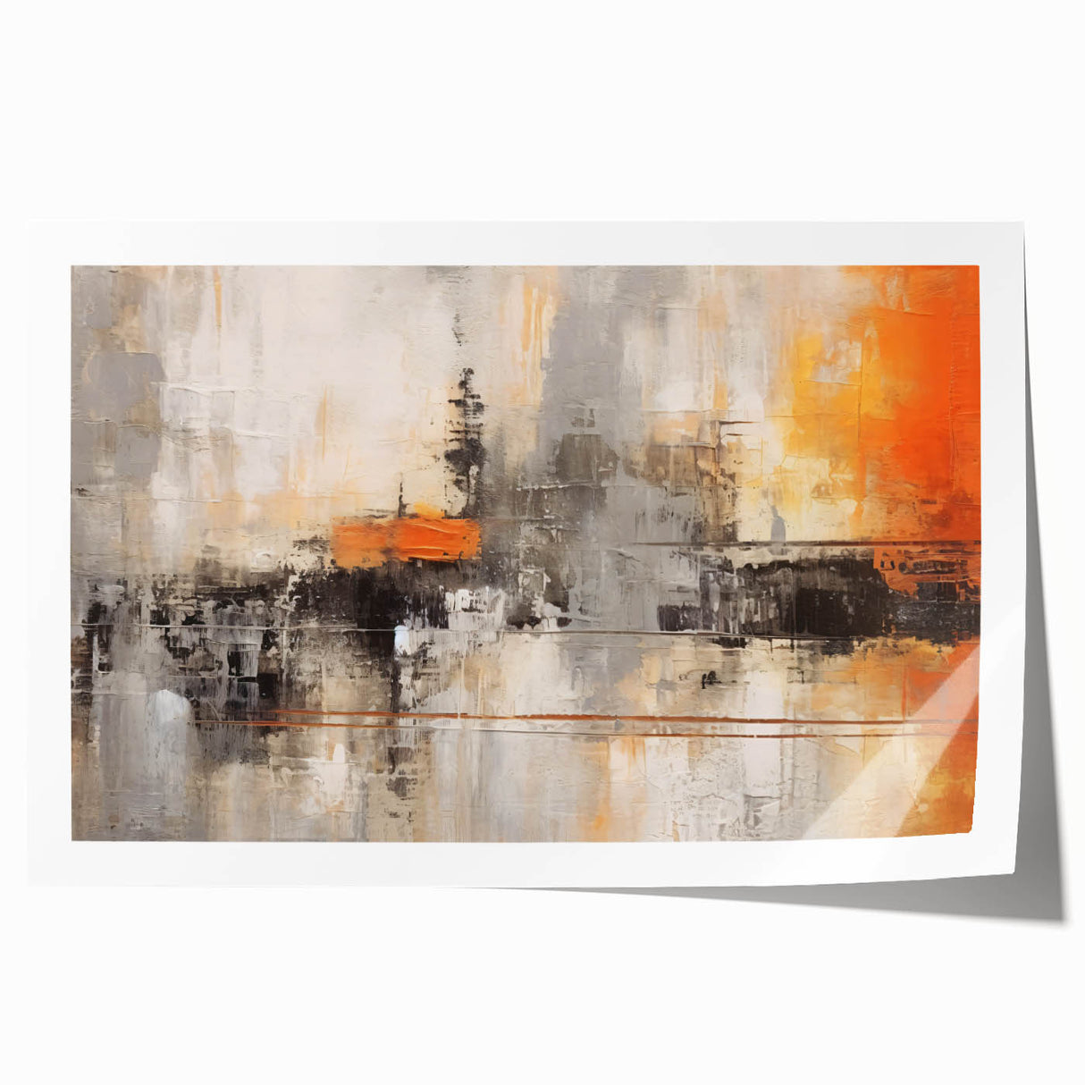 Abstract wall art print featuring colorful strokes in shades of blue, orange, and yellow, designed for modern home decor; rolled and ready for framing.