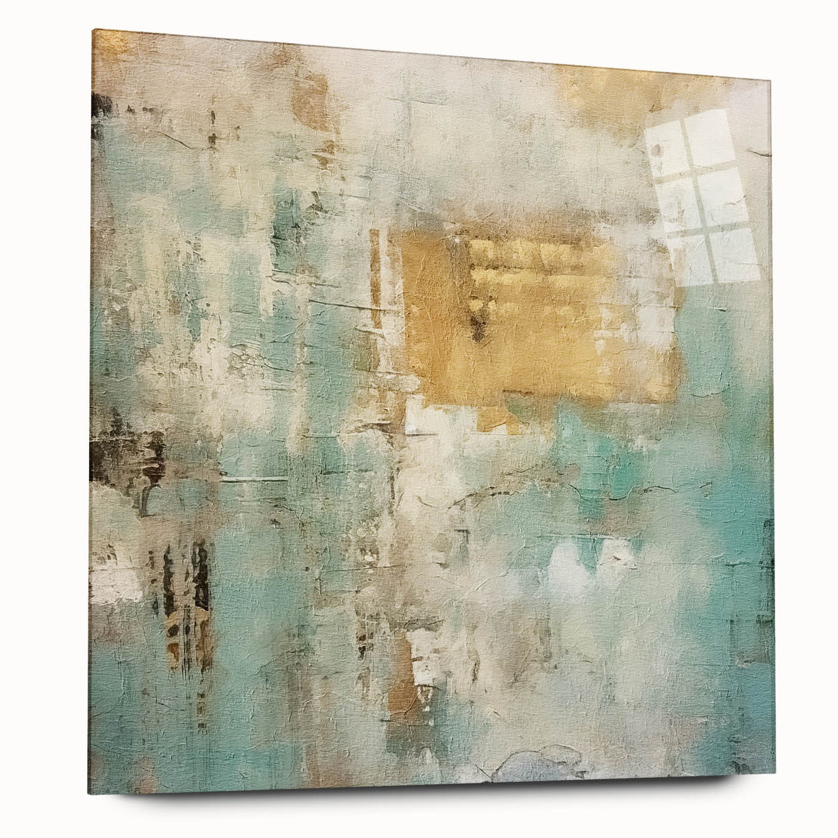 Abstract wall art featuring colorful strokes in a modern design printed on acrylic glass, showcasing vibrant hues and a sleek side view for stylish decor.