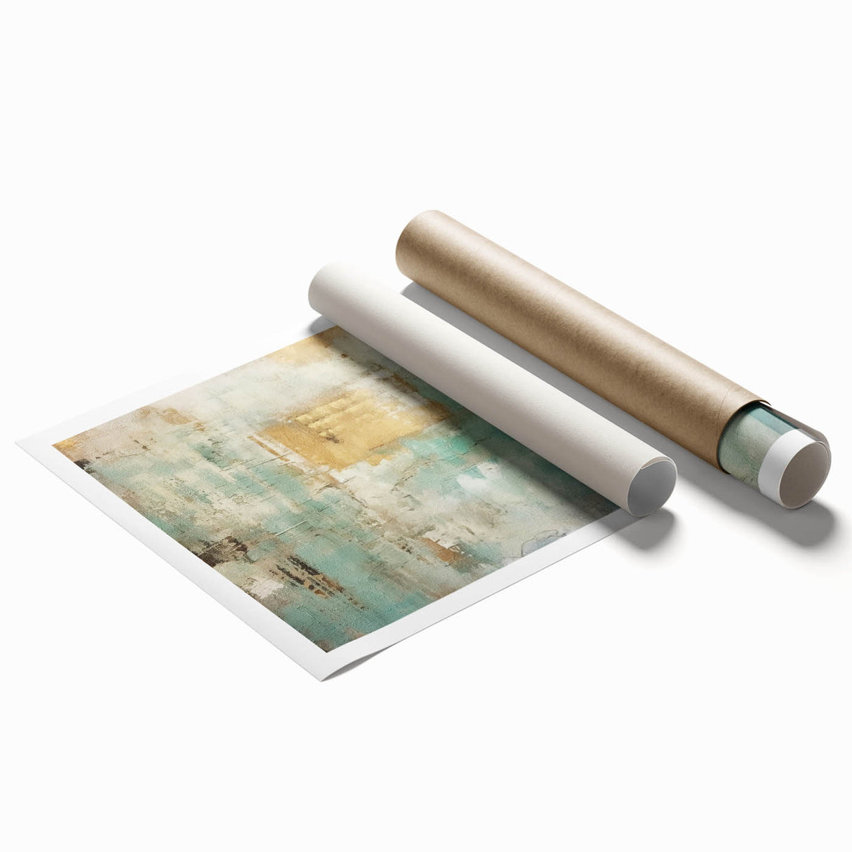 Abstract wall art print featuring vibrant strokes of teal, yellow, and coral against a neutral background, designed to add a modern touch to any decor. Perfect for enhancing living spaces or galleries.