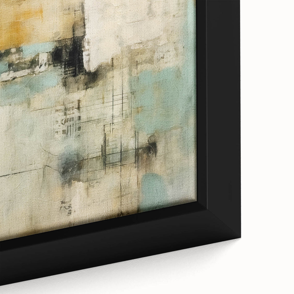 Abstract strokes wall art in a modern frame, showcasing vibrant colors like teal, coral, and gold, perfect for contemporary home decor. Ideal for adding a splash of creativity to living spaces.
