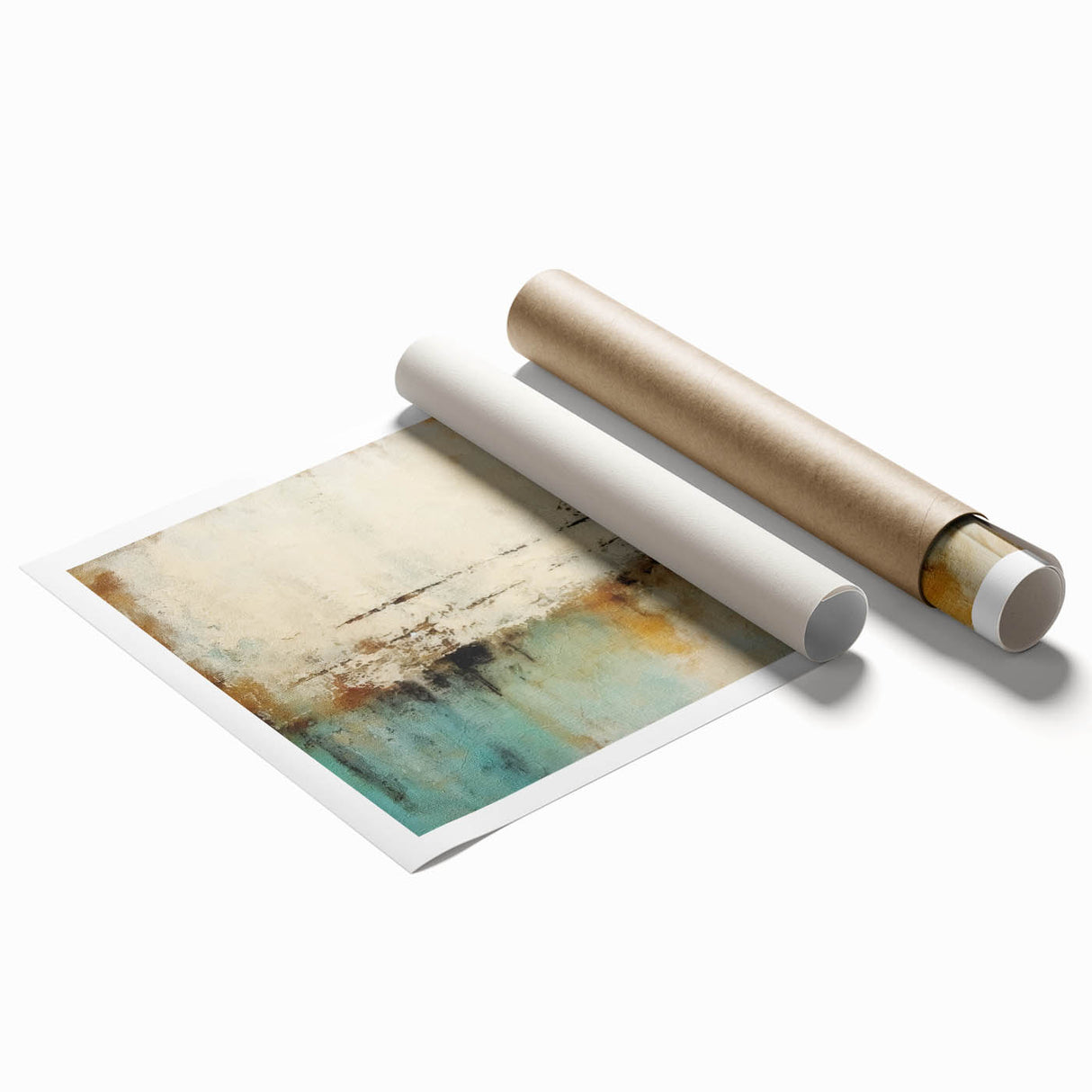 Abstract strokes wall art print showcasing vibrant hues of blue, orange, and gold, ideal for modern decor. Rolled and ready for framing, adds artistic flair to any space.