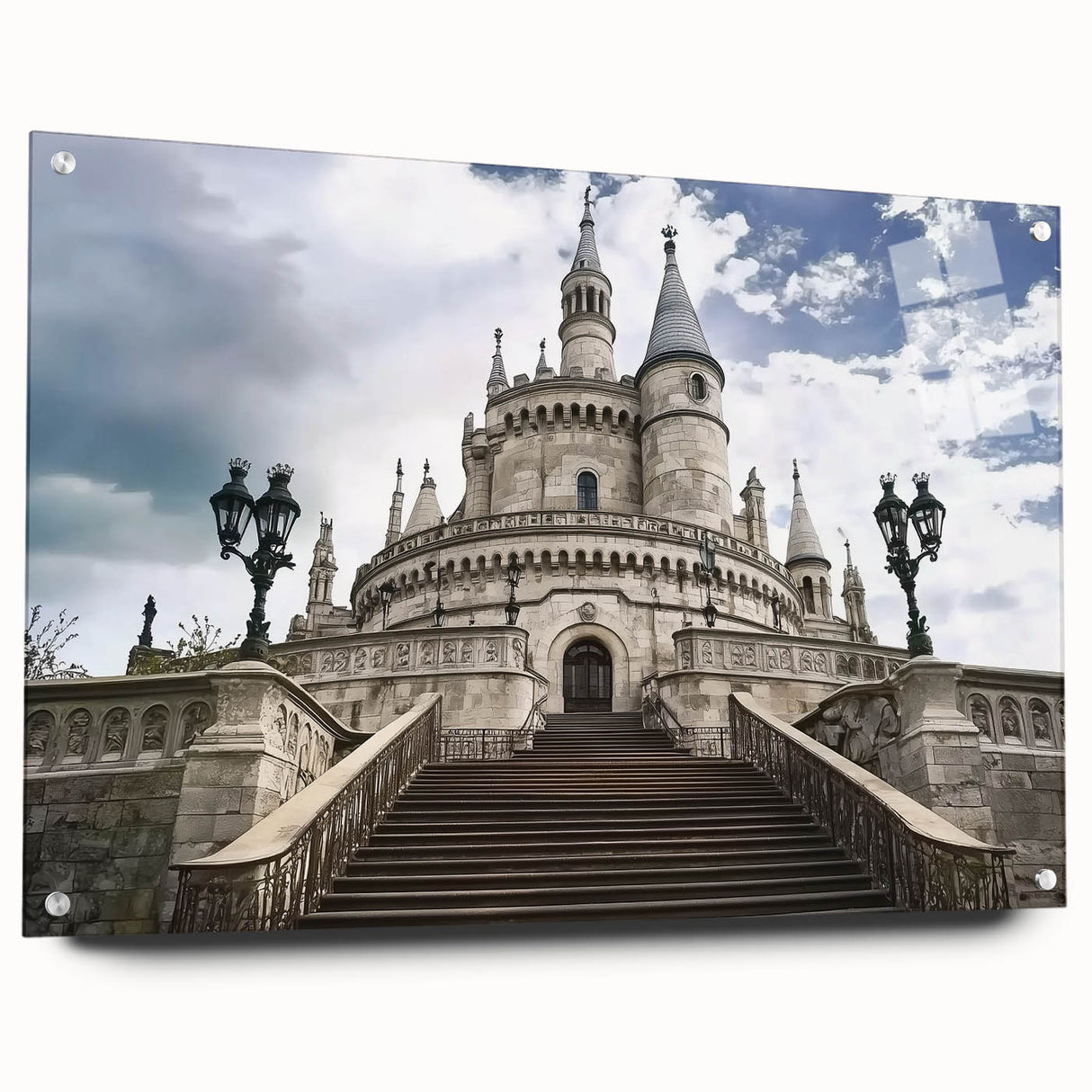Acrylic glass artwork depicting a stunning landscape with a castle, showcasing vibrant colors and fine details, elegantly displayed from a side view with pins for mounting.