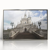 Framed acrylic artwork showcasing a stunning landscape with a majestic castle, set against a silver-toned background, perfect for home decor.