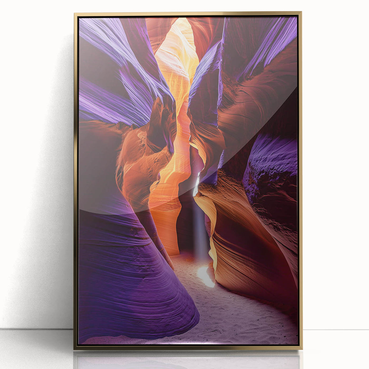 Framed acrylic artwork showcasing a stunning landscape design with cave formations, featuring a gold frame to enhance visual appeal, perfect for home decor.