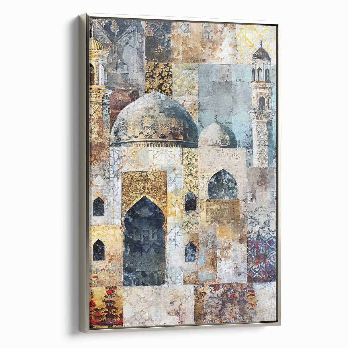 Framed abstract architecture wall art featuring geometric shapes in silver tones, designed to enhance modern interiors, showcasing a sleek side view and elegant finish.