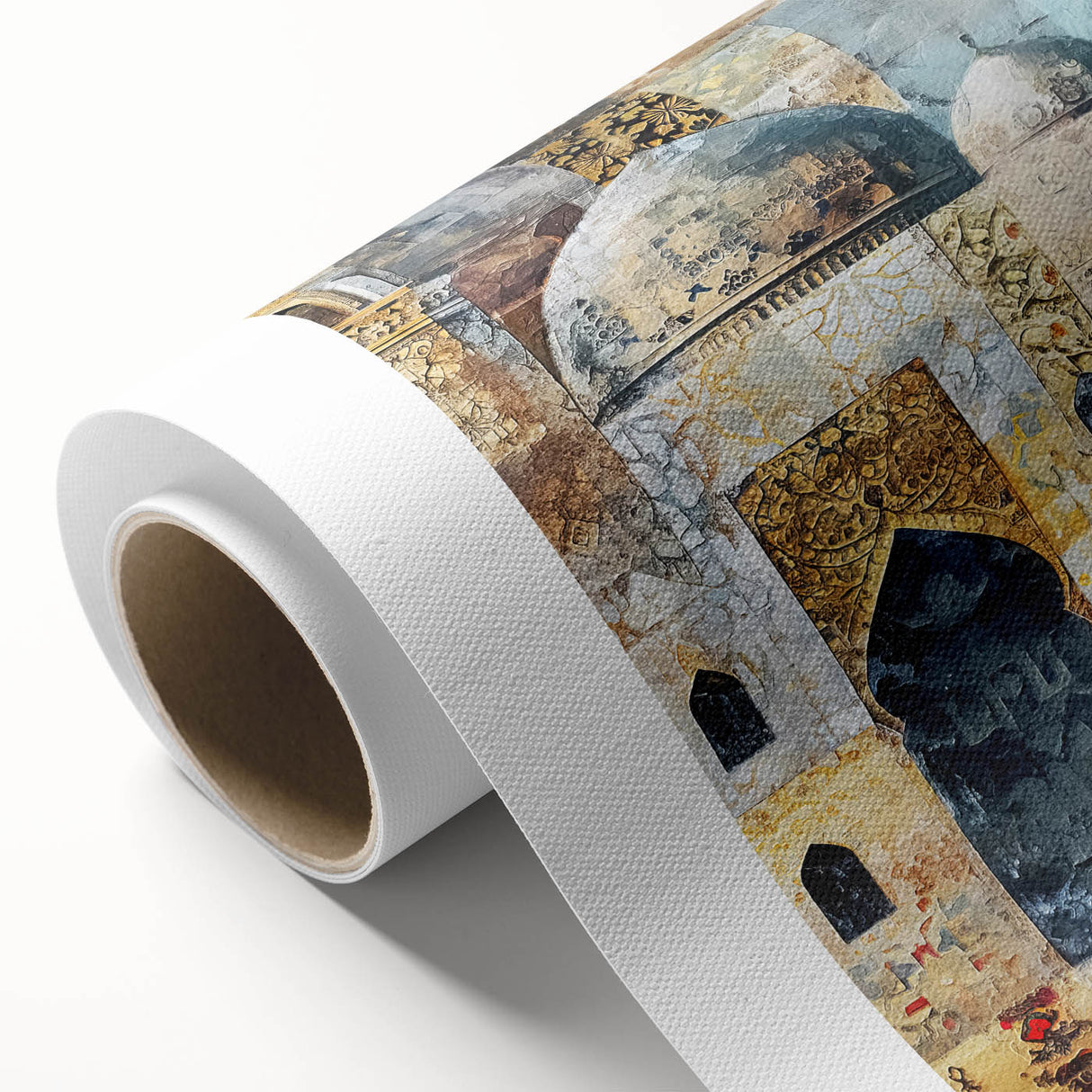 Abstract architectural wall art printed on rolled canvas, showcasing geometric shapes and vibrant colors, perfect for modern home decor. Packaged securely in a cardboard tube for easy transport and display.