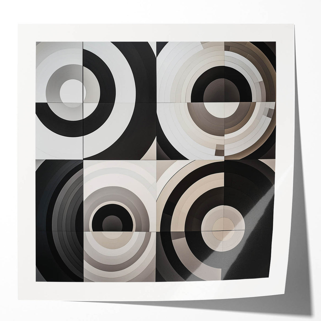 Abstract geometric photo print mockup showcasing a glossy finish with vibrant colors and dynamic shapes, perfect for modern home decor or art displays.