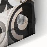 Close-up of a vibrant abstract geometric design on acrylic glass, showcasing bold colors and intricate patterns, perfect for modern home decor and art enthusiasts.