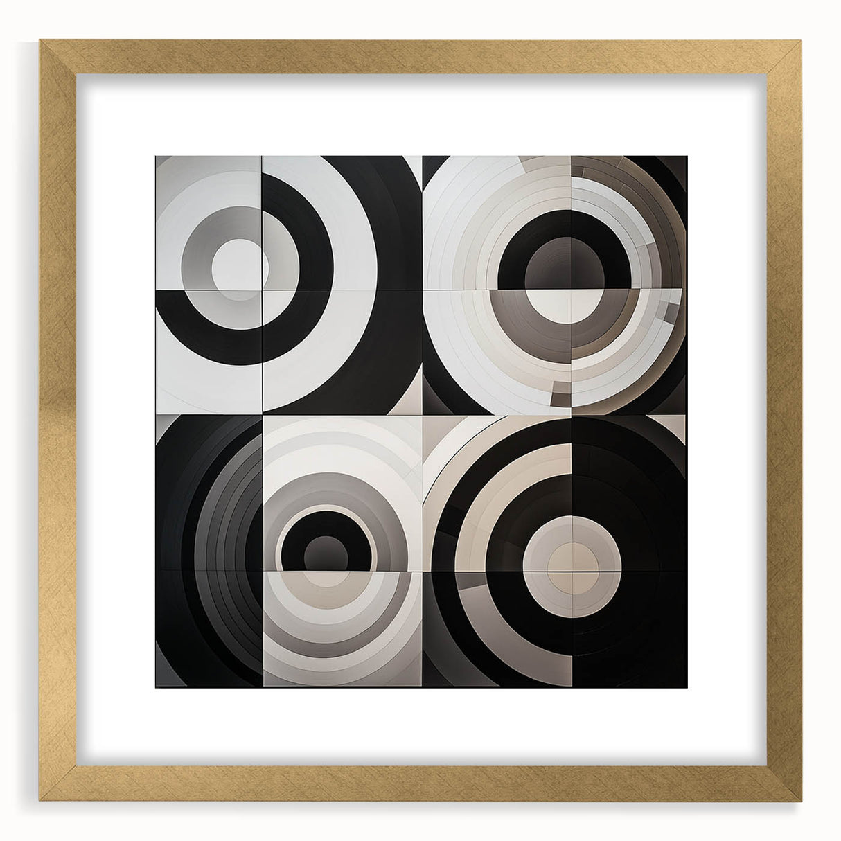 Abstract geometric gold frame with a mat, showcasing a modern design perfect for contemporary decor. Ideal for home or office settings, this elegant piece adds sophistication to any wall.